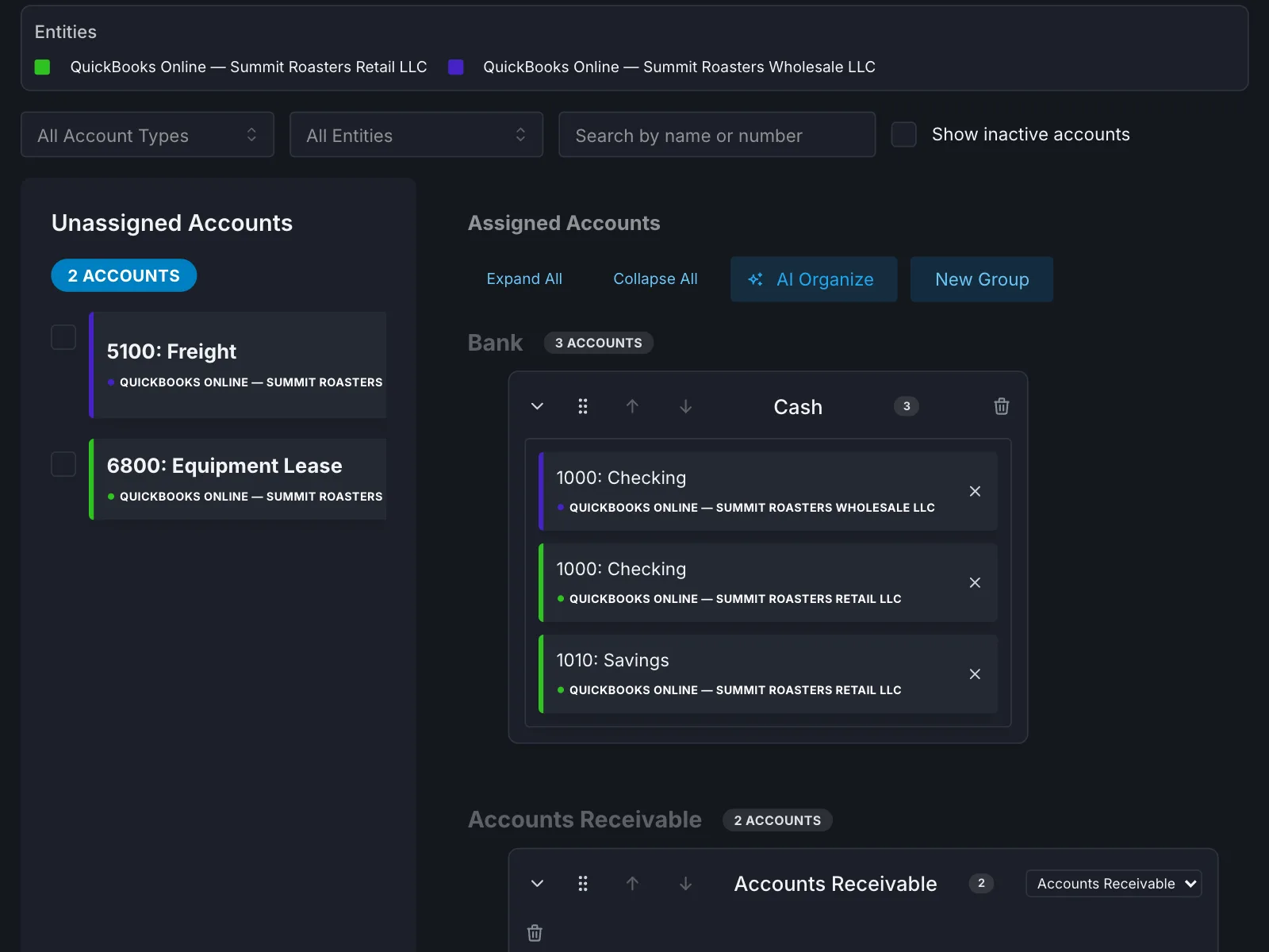 Alpyne's chart of accounts mapping screen. Two QuickBooks Online entities — Summit Roasters Retail LLC and Summit Roasters Wholesale LLC — are colour-coded, with unassigned accounts on the left and both entities' checking and savings accounts grouped together under a single Cash heading on the right.