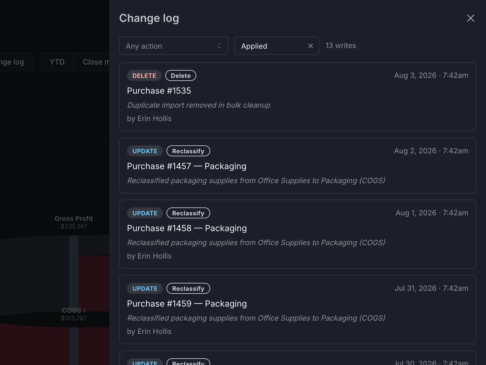 Alpyne's change log, filtered to applied writes, showing thirteen entries. Each records the action type, the transaction, a plain-English description of what changed, the date and time, and the name of the person who made it.