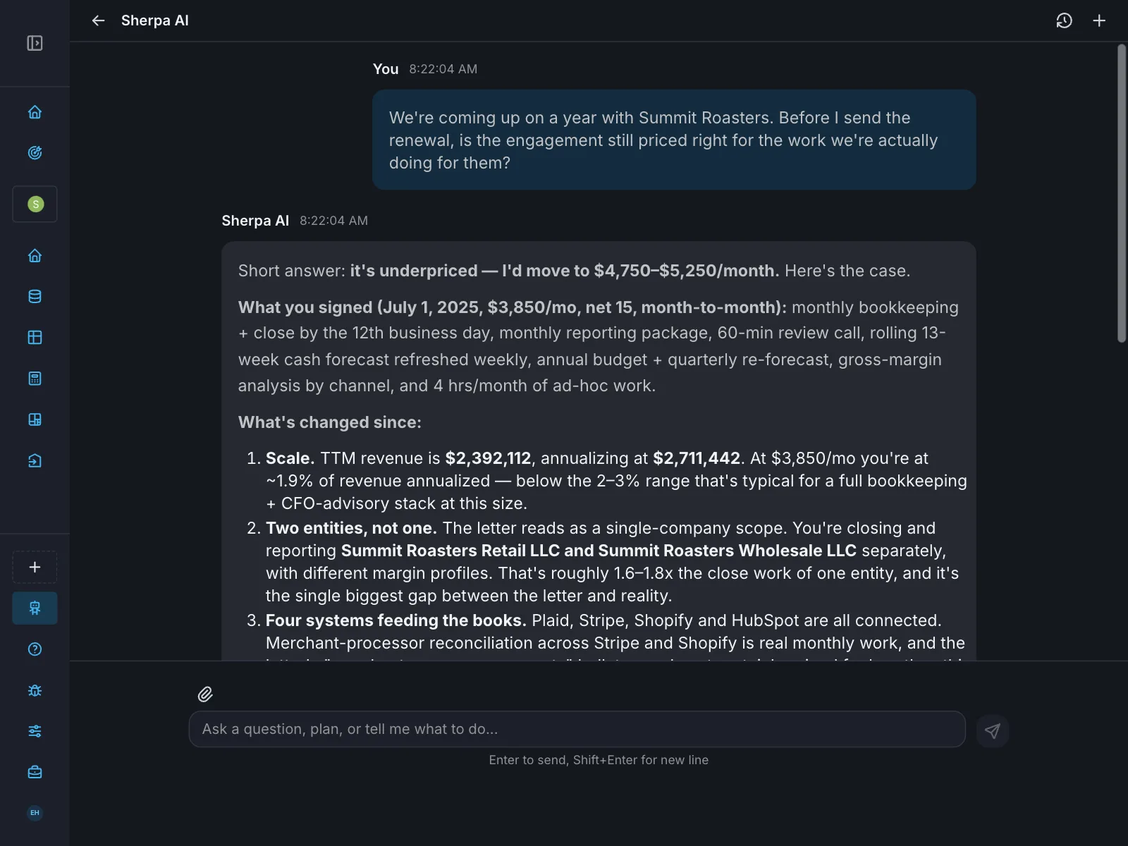 Sherpa AI answering the question of whether an engagement is still priced correctly. It concludes the work is underpriced and recommends $4,750–$5,250 a month, citing the signed scope, trailing twelve month revenue of $2,392,112, the fact that two entities are being closed rather than one, and four connected systems feeding the books.